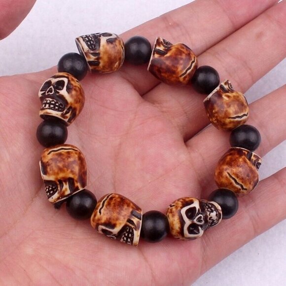 5/$20 Brown and Black Skeleton Skull beaded Bracelet Gothic Jewelry - Picture 1 of 3